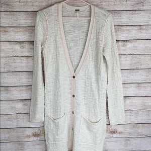 Free People Cream Duster Cardigan Hot Pink Trim